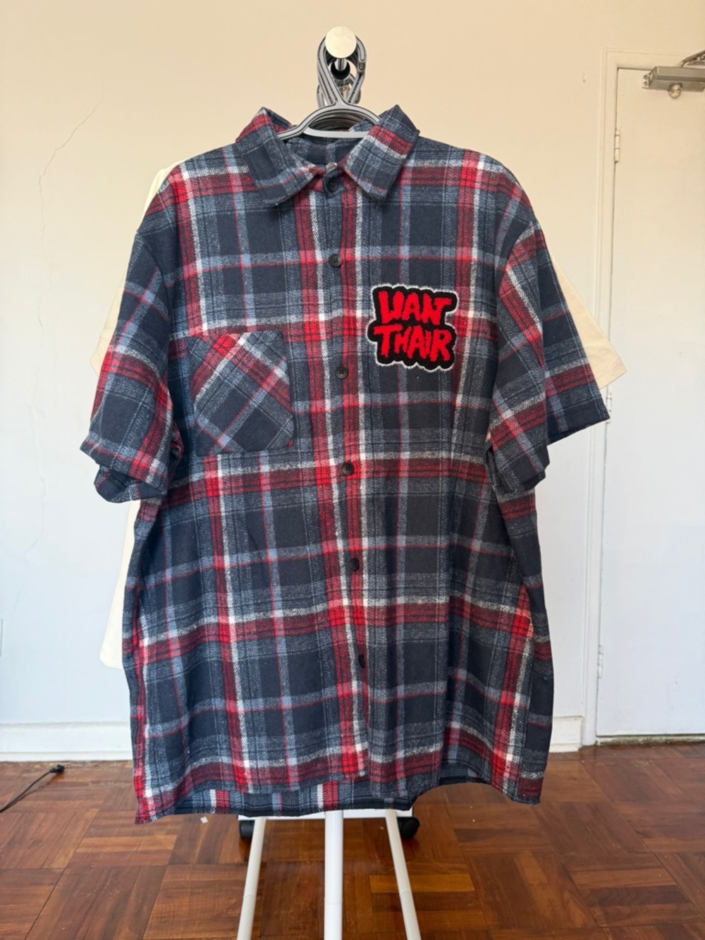 Plaid Button-Up Shirt with Red Patch
